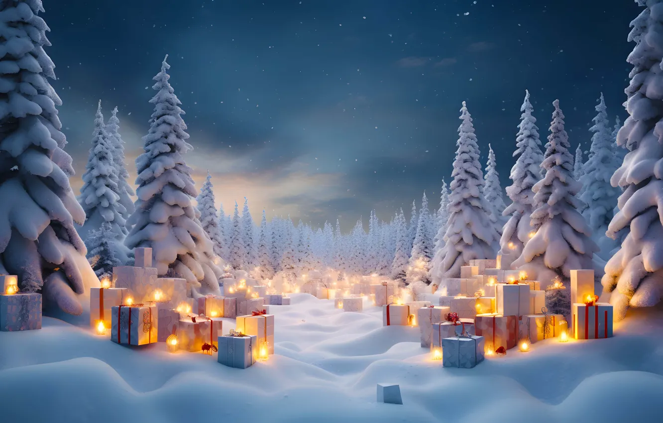 Photo wallpaper winter, forest, snow, box, gift, tree, new year, ate
