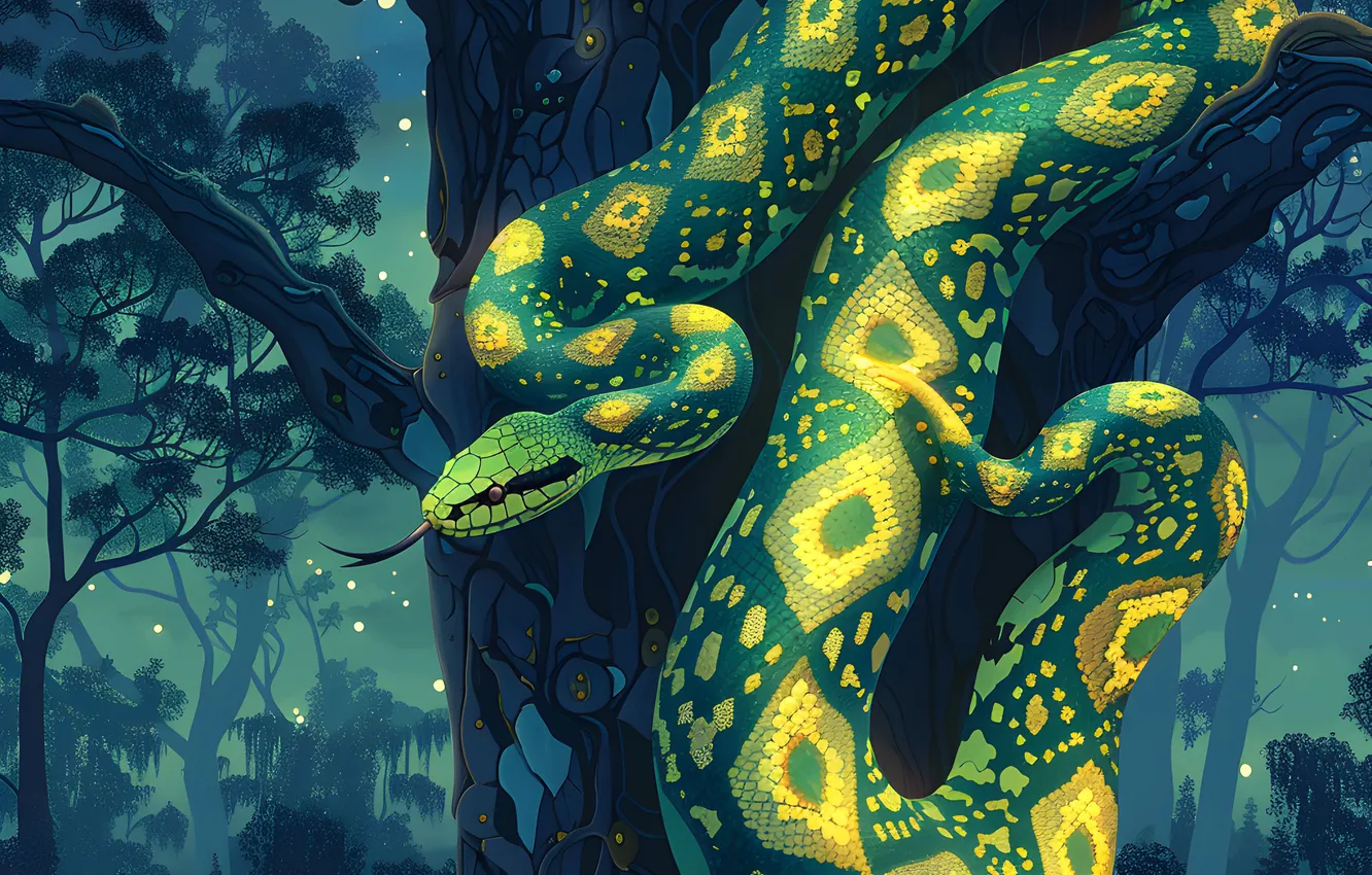 Photo wallpaper trees, night, animal, snake, jungle, art, reptile, digital art