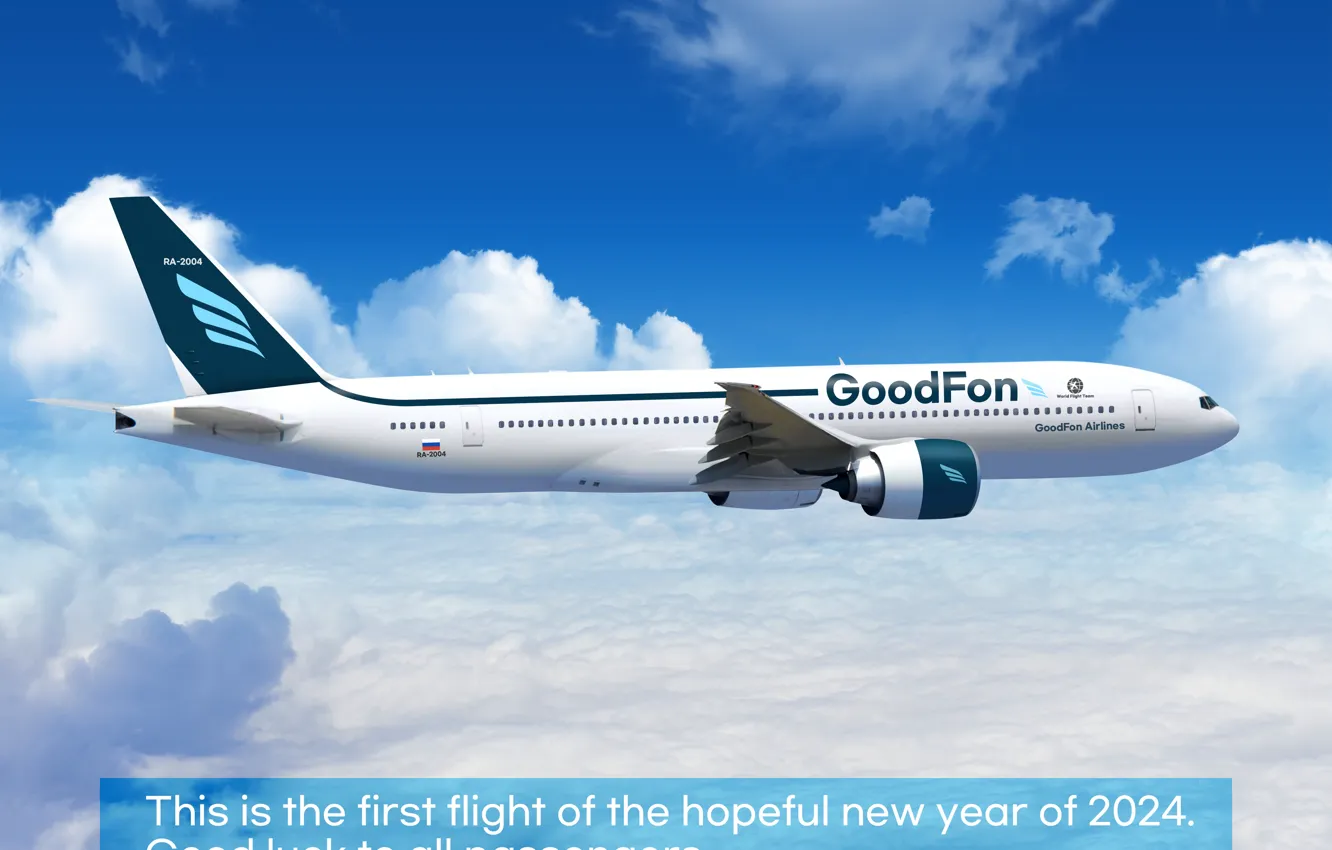 Photo wallpaper goodfon, sky, flight, airplane, happy new year, 2024, 2024 year