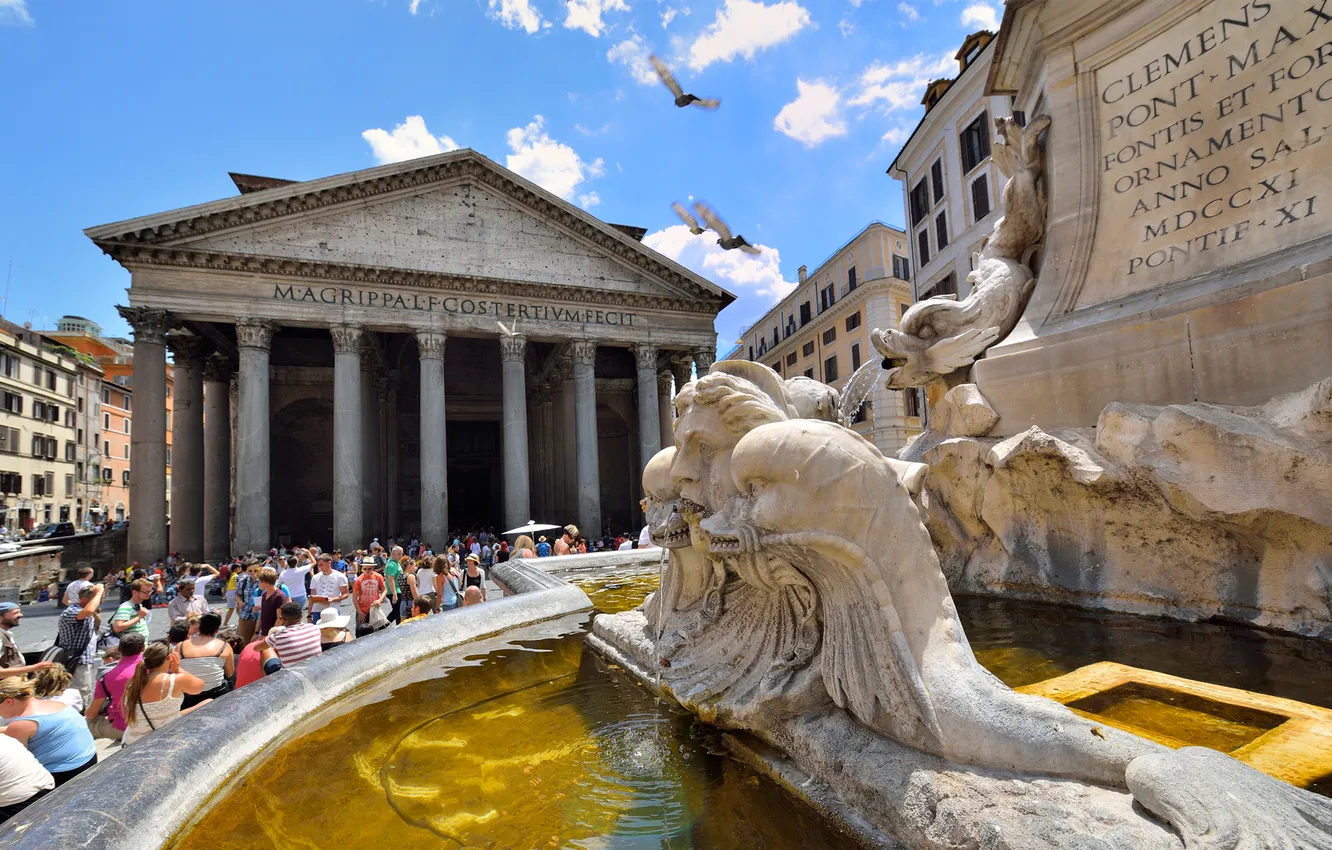 Photo wallpaper people, area, Rome, Italy, columns, fountain, Pantheon