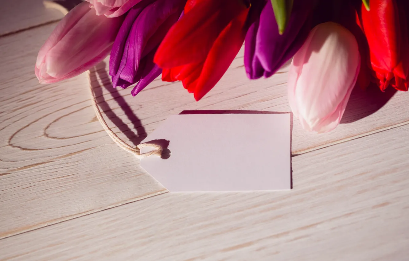 Photo wallpaper flowers, bouquet, colorful, tulips, red, white, wood, flowers