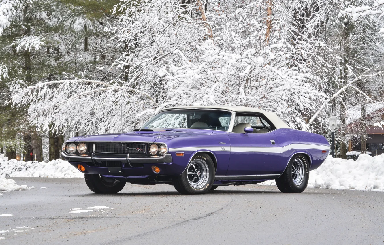 Photo wallpaper snow, background, Dodge, Dodge, Challenger, 1970, Muscle car, Convertible