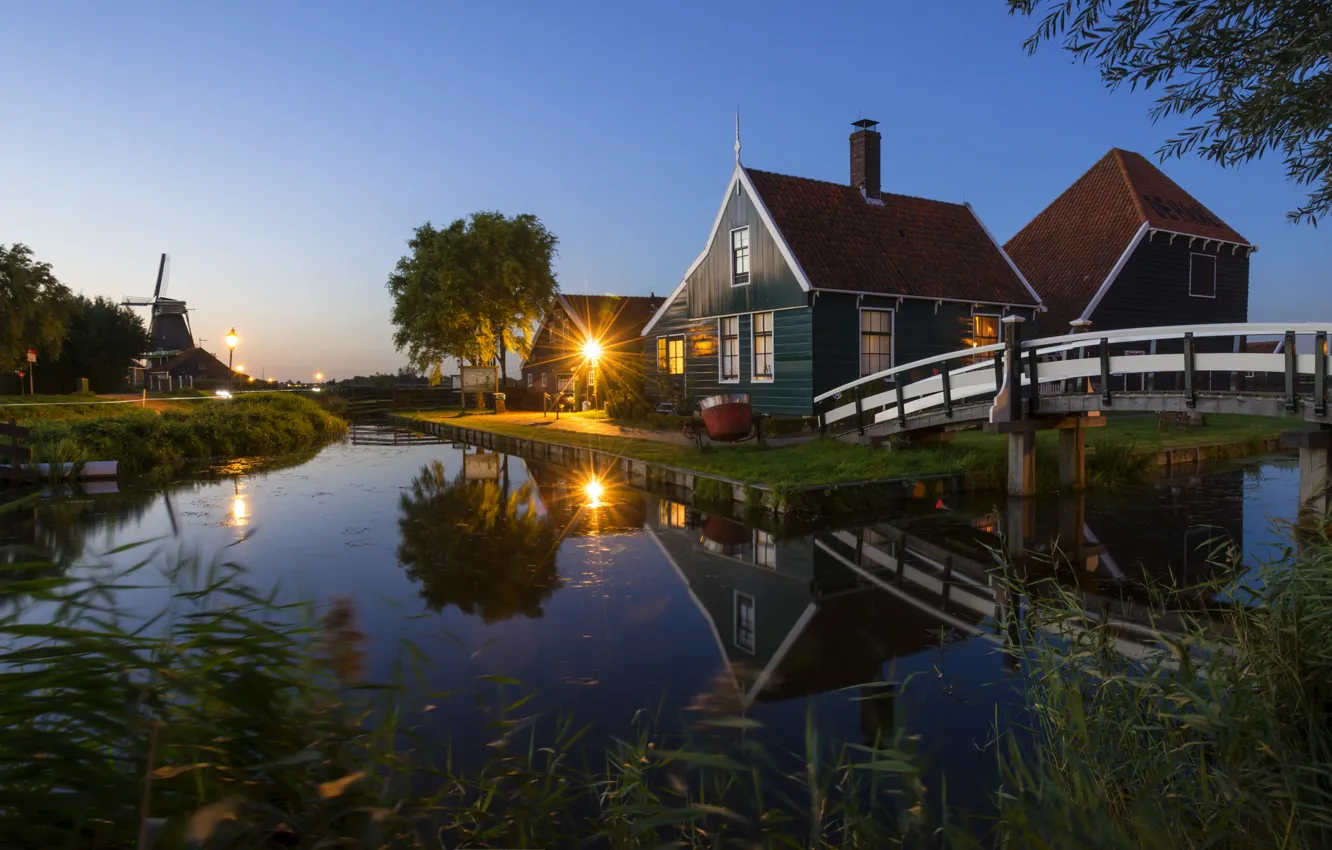 Photo wallpaper night, reflection, pond, Holland, domiik