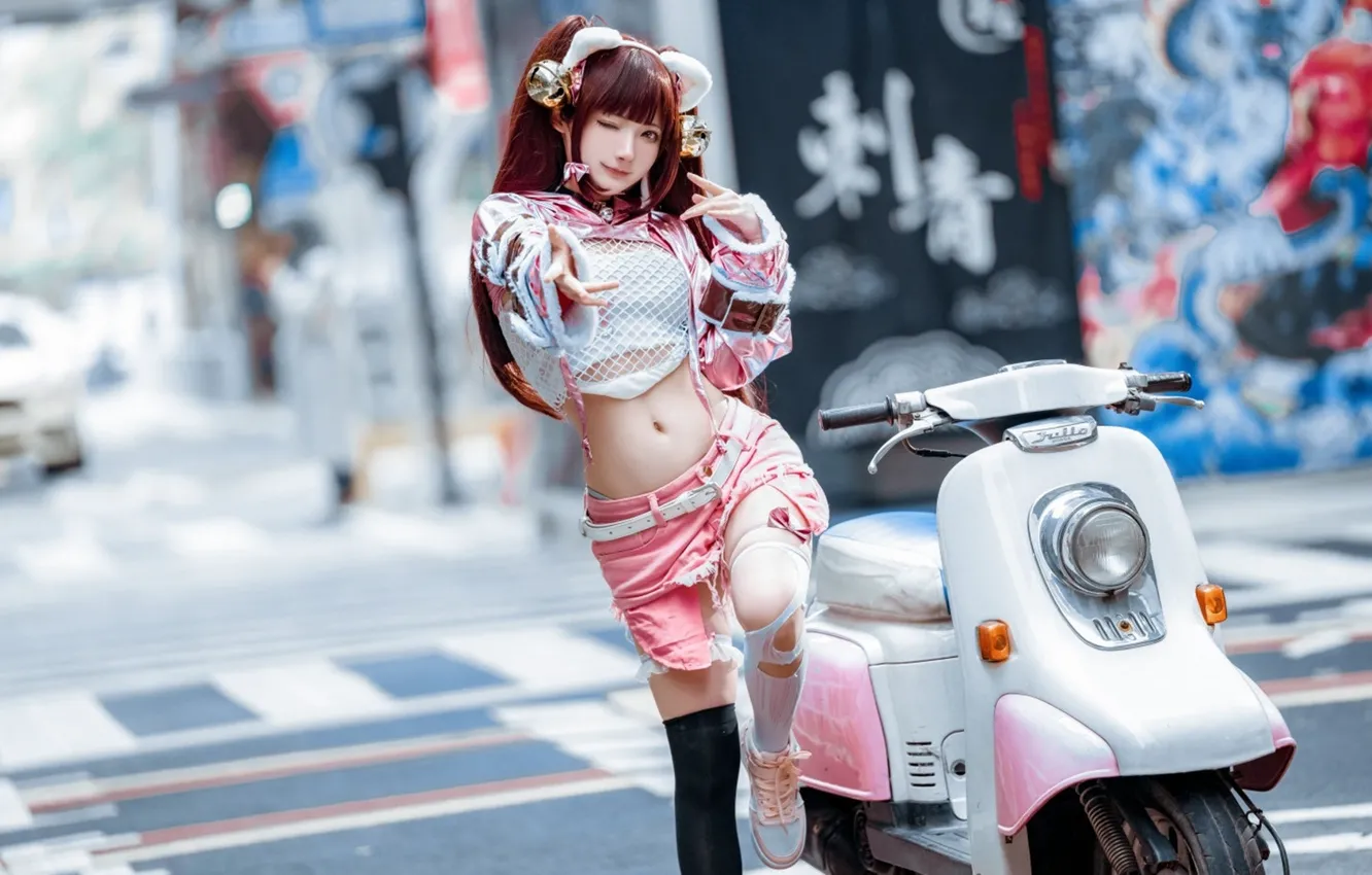 Photo wallpaper girl, shorts, stockings, beautiful, cosplay, asian, sneakers