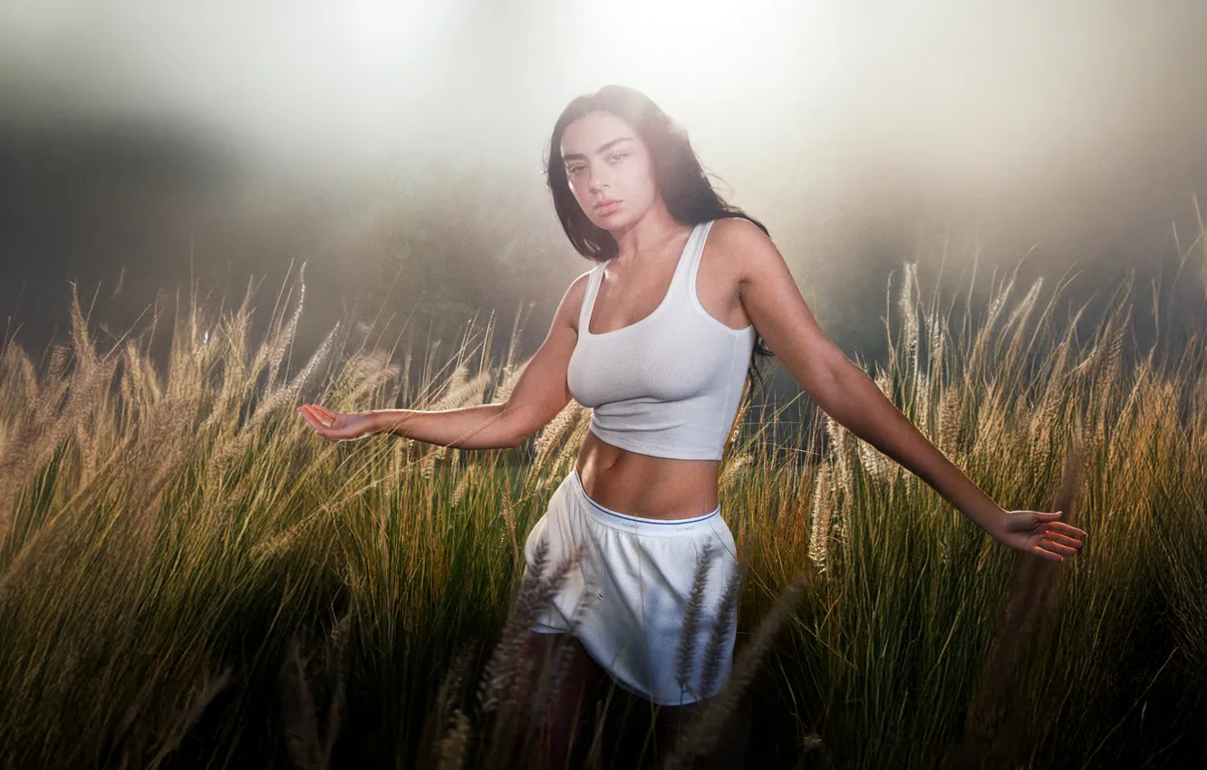 Photo wallpaper girl, grass, beautiful, model, cute, tank top