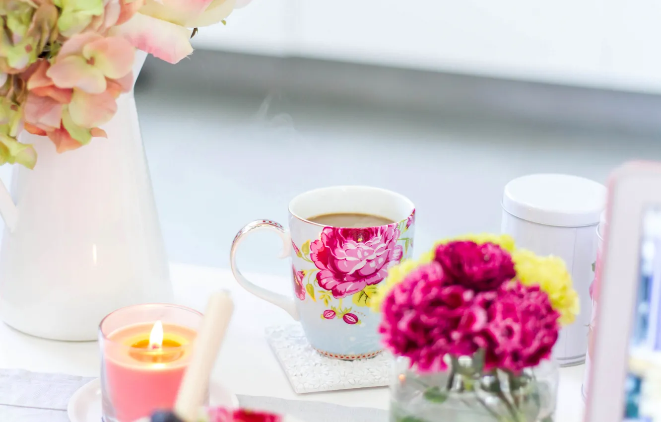 Photo wallpaper flowers, figure, coffee, roses, candles, Breakfast, Cup, vase