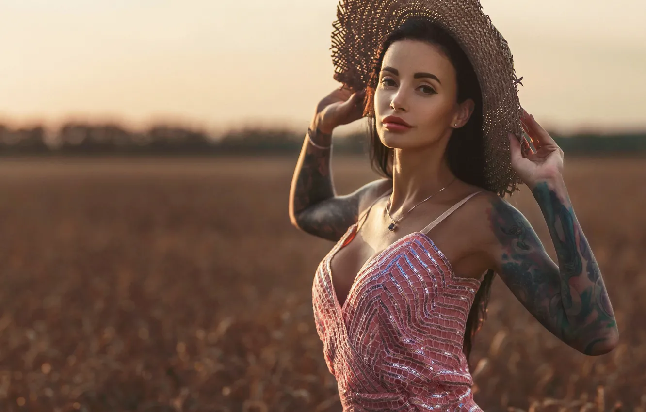 Photo wallpaper wheat, girl, hat, dress, tattoo, Louis of Navarre, Anna Sakharov