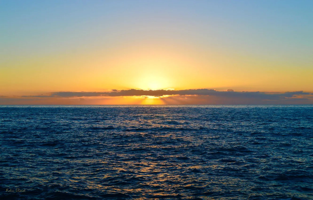 Photo wallpaper sea, the sky, the sun, clouds, sunset, horizon