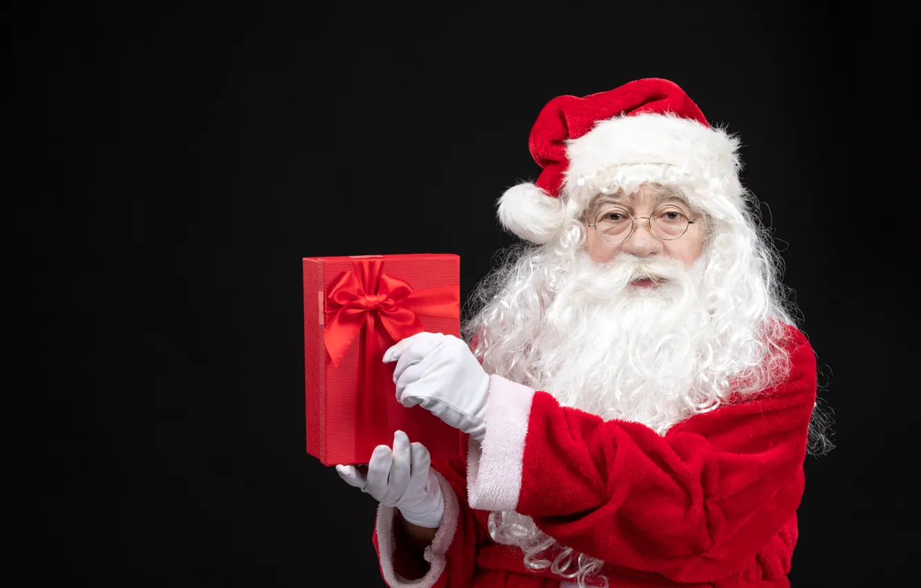 Photo wallpaper box, gift, black background, Christmas, Santa Claus, new year, Santa Claus