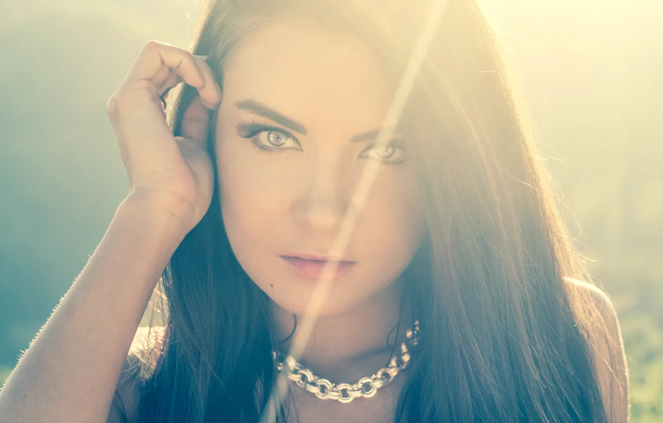 Photo wallpaper look, face, brunette, rays of light, smile, model, Shauna Baker