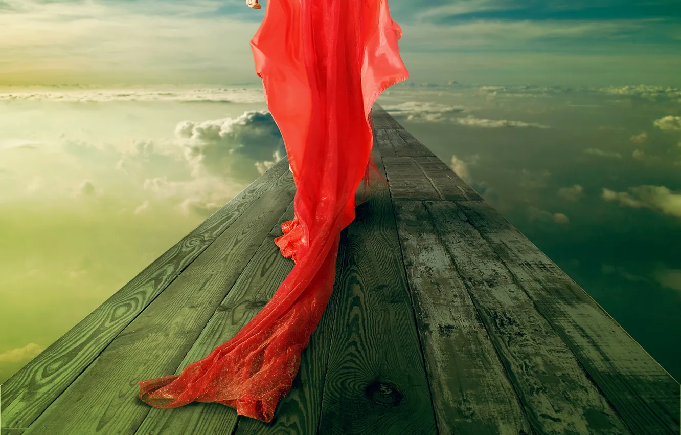 Photo wallpaper the sky, clouds, bridge, train, ring, the girl in the red dress, The Red