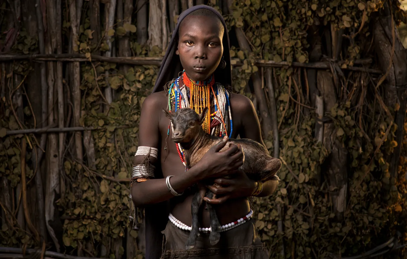 Photo wallpaper girl, Africa, goat, Ethiopia, Ethiopia