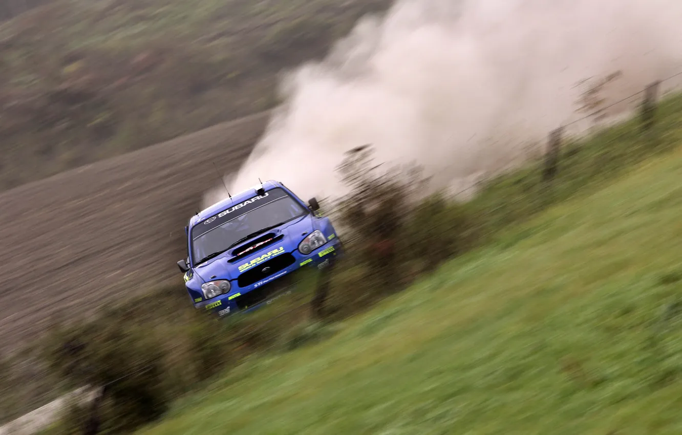 Photo wallpaper grass, speed, dust, Subaru, Impreza, blur, cars, Skid