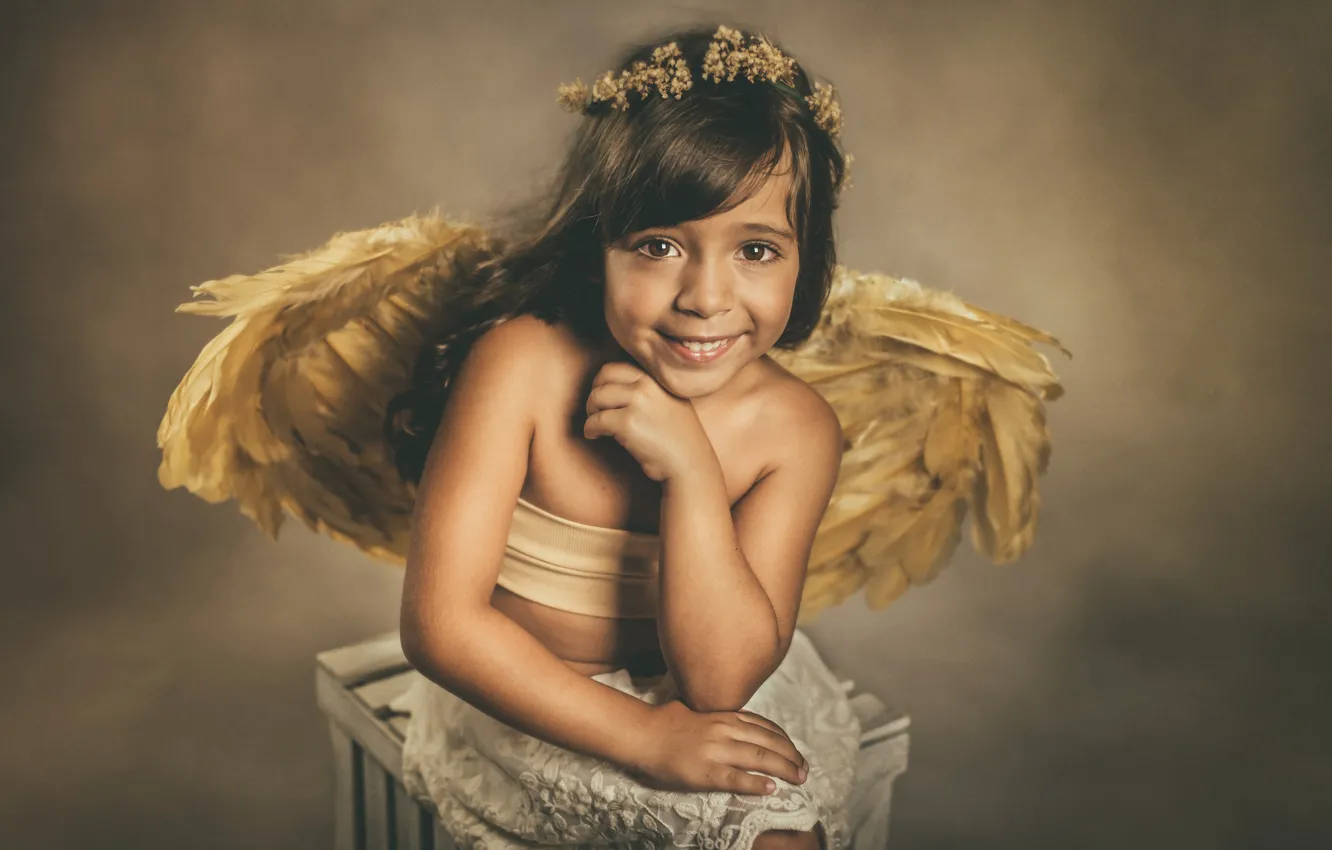 Photo wallpaper look, smile, mood, wings, angel, girl, wreath