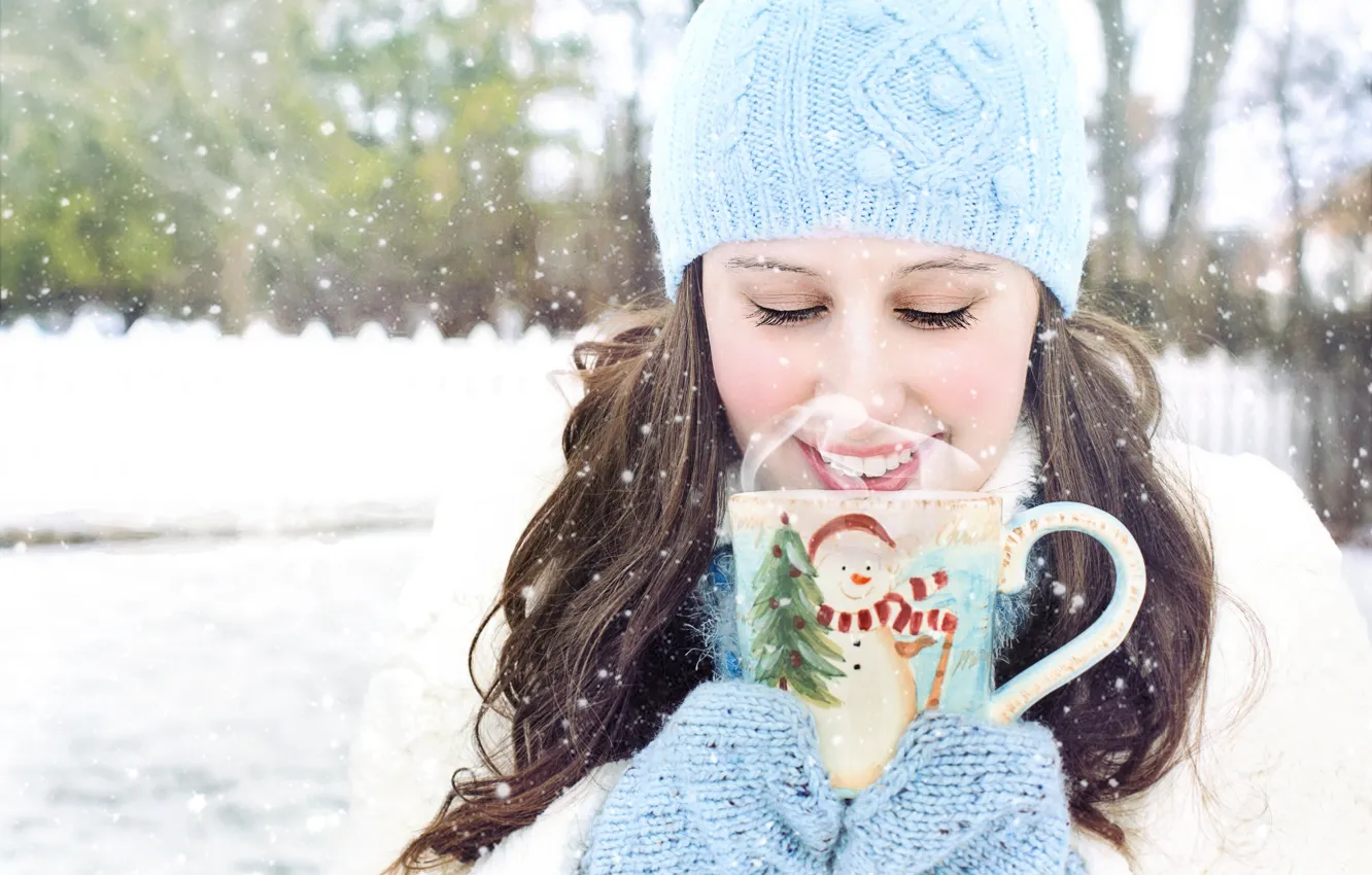 Photo wallpaper winter, girl, snow, hat, brunette, pair, Cup, mittens