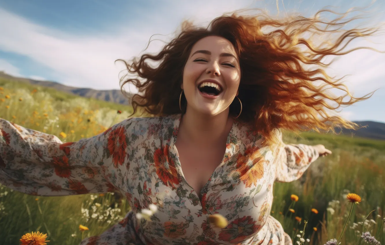 Photo wallpaper grass, girl, joy, happiness, flowers, smile, hair, laughter