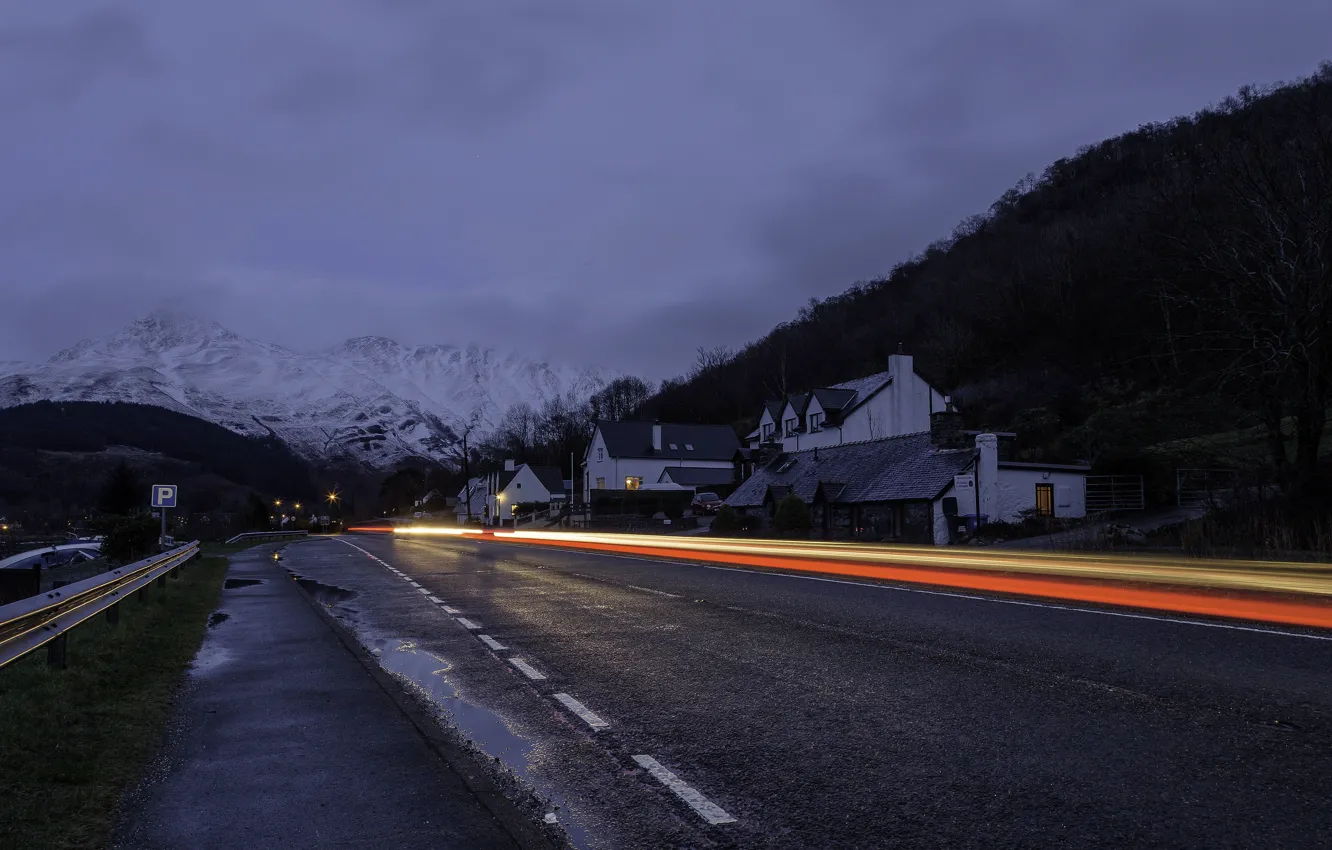Photo wallpaper winter, road, clouds, light, mountains, night, home, line