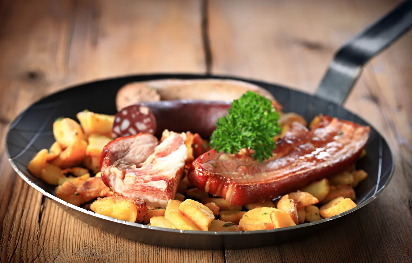 Photo wallpaper food, meat, pan, potatoes