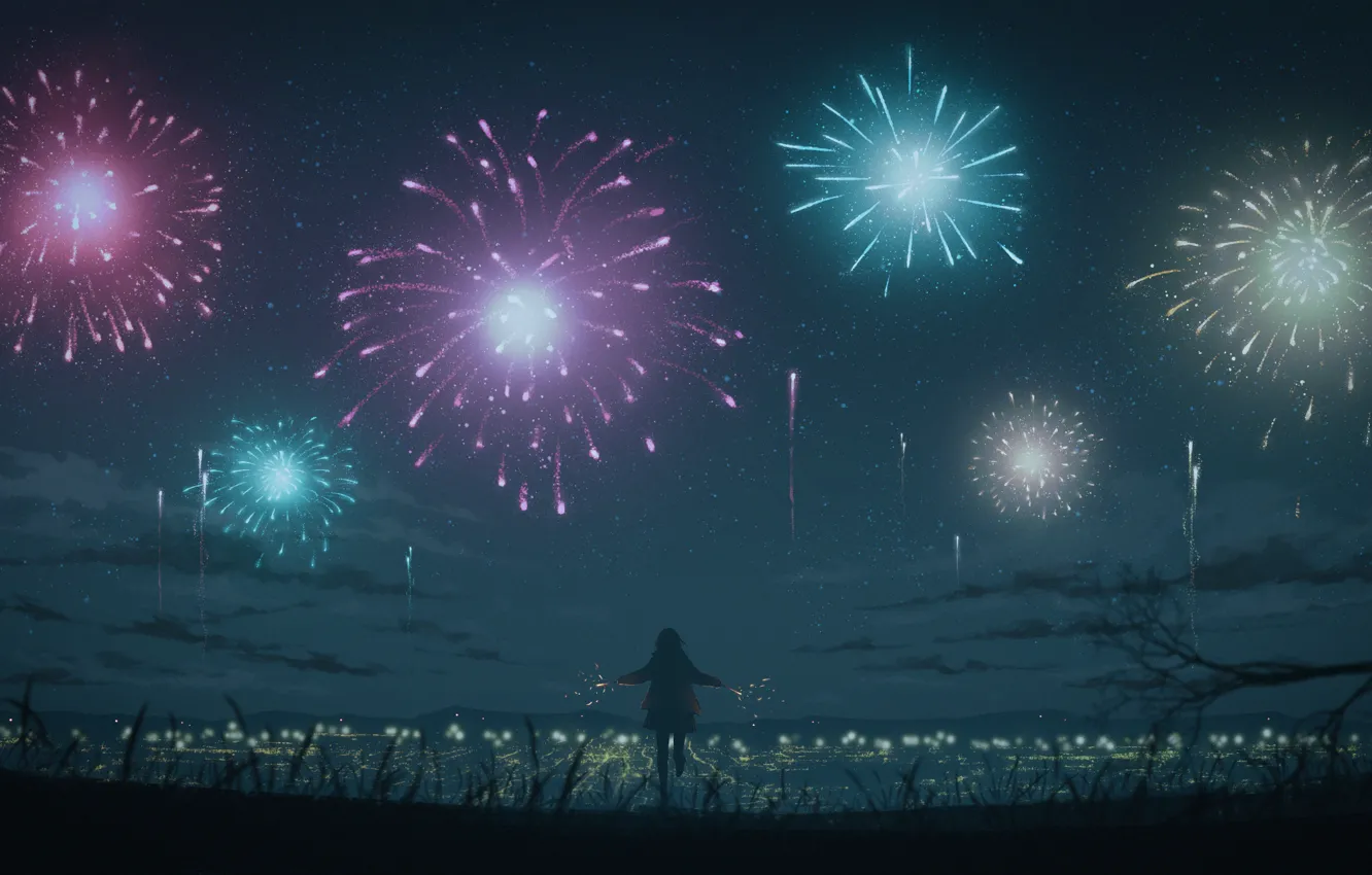 Photo wallpaper girl, night, hills, fireworks, sparklers, city lights