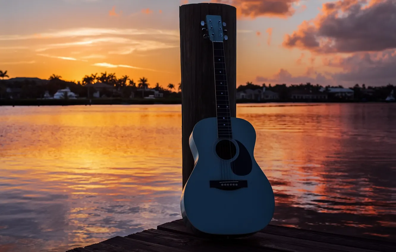 Photo wallpaper sunset, lake, guitar