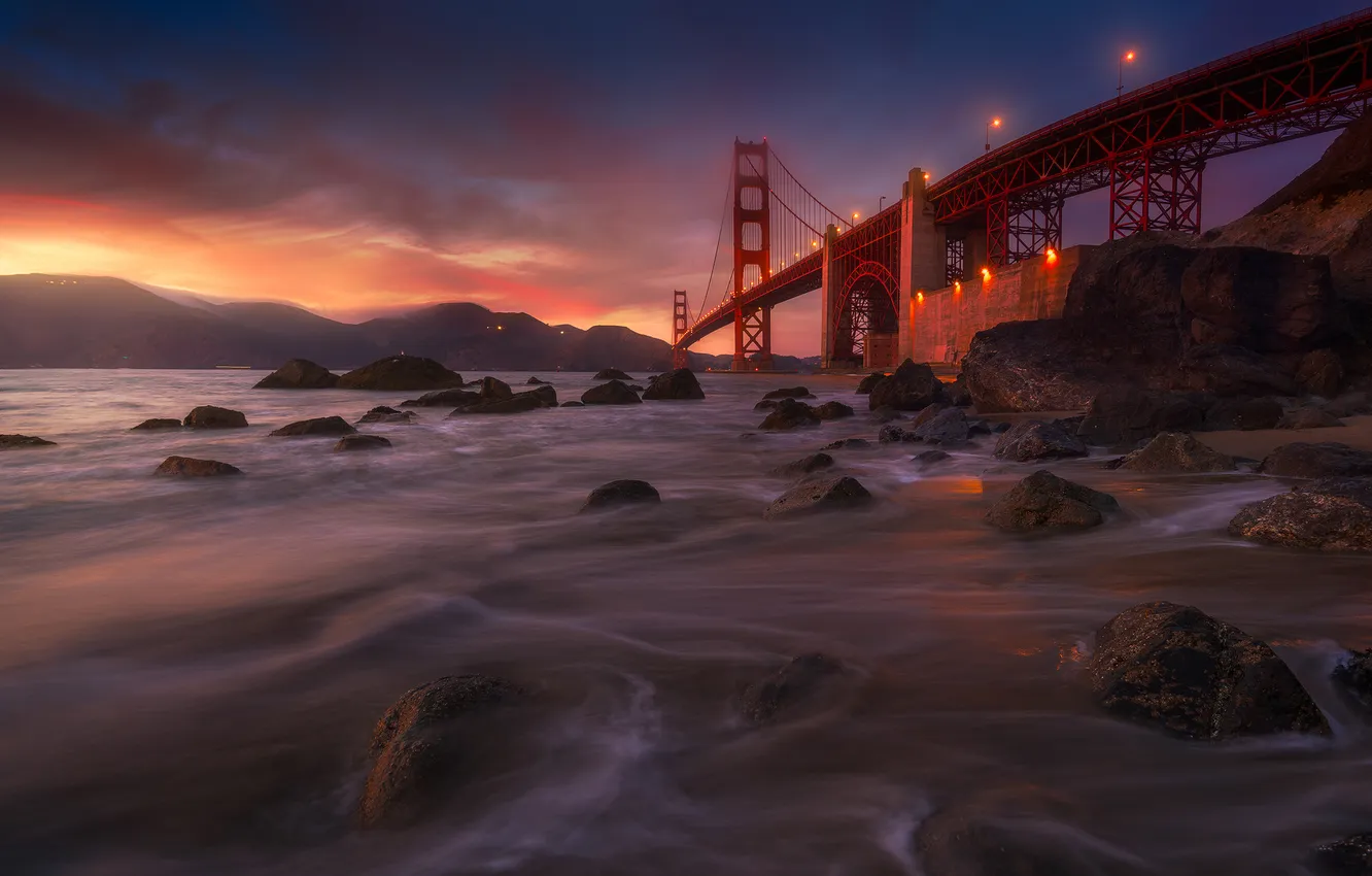 Photo wallpaper mountains, night, bridge, Strait, stones, CA, San Francisco, Golden Gate Bridge