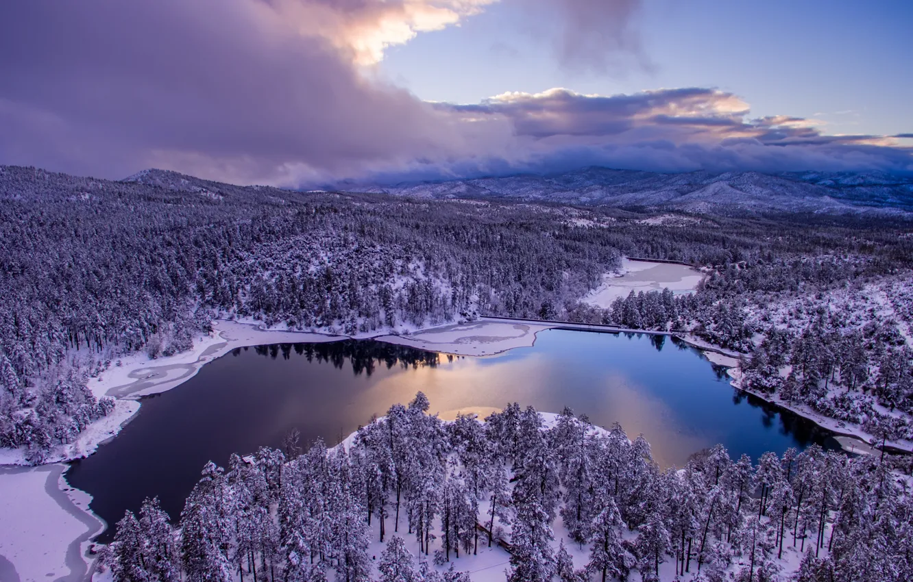 Photo wallpaper winter, forest, the sky, clouds, trees, lake, panorama, AZ