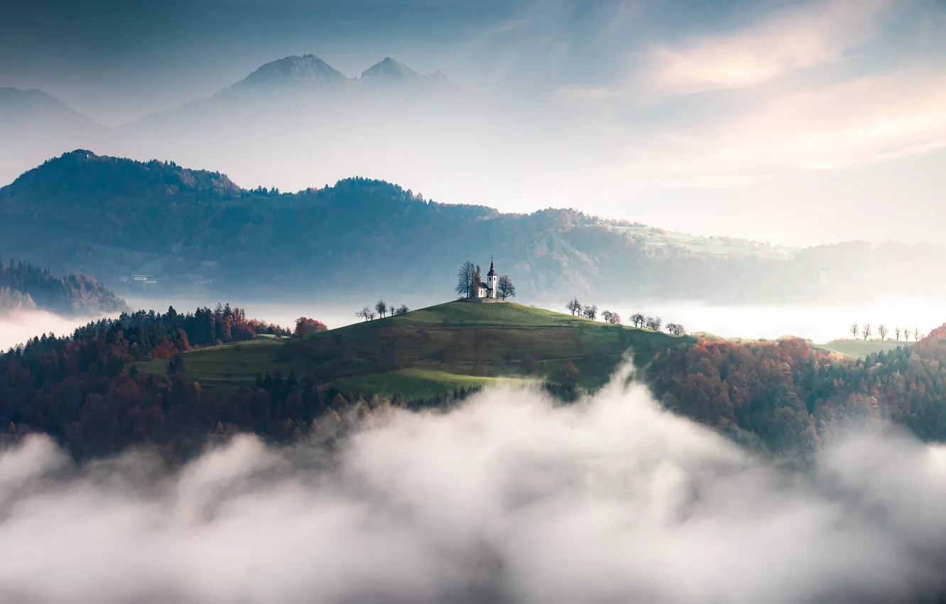 Photo wallpaper mountains, fog, hills, Church