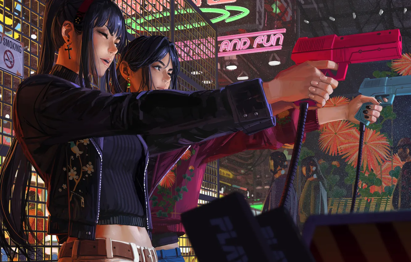 Photo wallpaper girl, gun, people, Guweiz, Slot machines