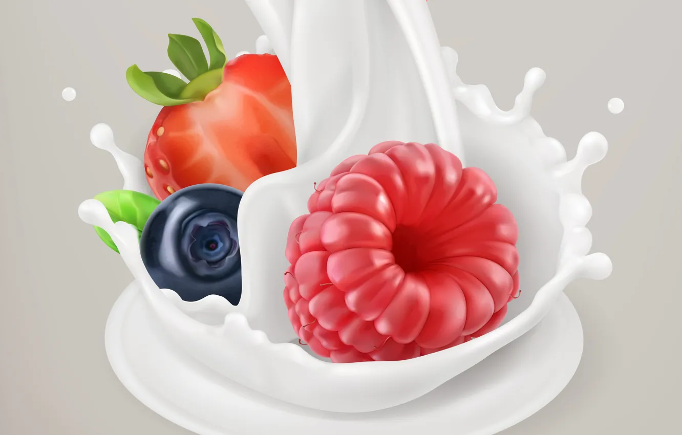 Photo wallpaper berries, raspberry, background, milk, blueberries