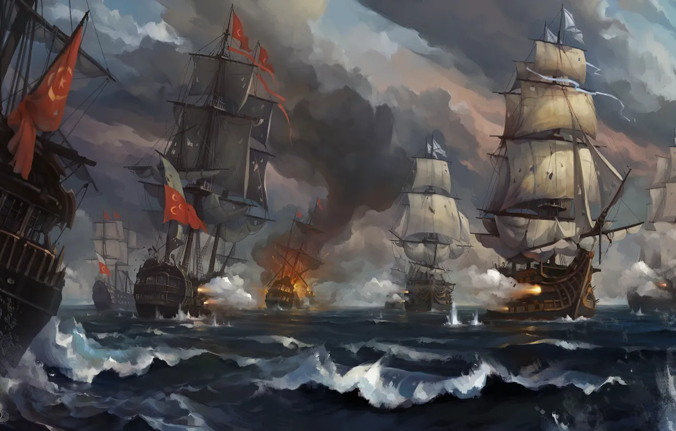 Photo wallpaper The ocean, Sea, Figure, Fire, Battle, Sailboats, Ships, Battle