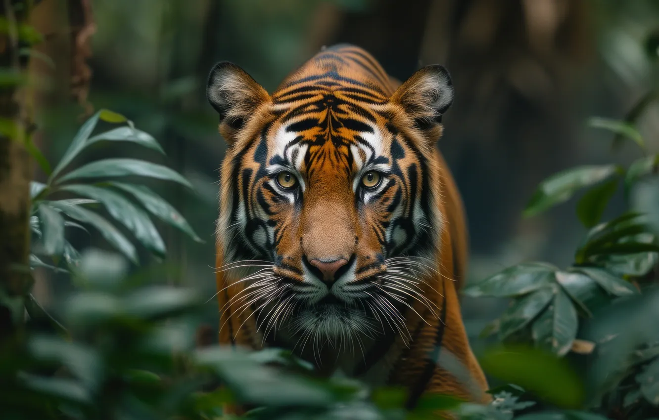 Photo wallpaper look, face, leaves, nature, tiger, thickets, portrait, jungle