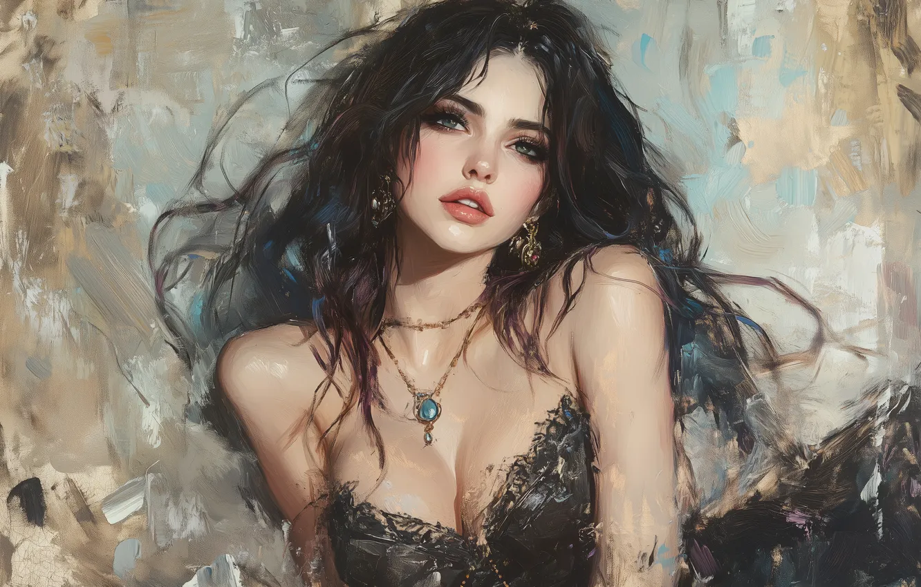 Photo wallpaper chest, look, girl, decoration, pose, wall, portrait, brunette