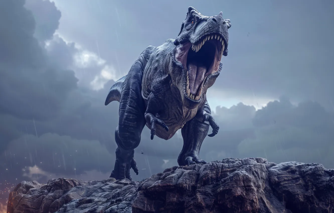 Photo wallpaper clouds, rocks, animal, dinosaur, predator, teeth, mouth, grin