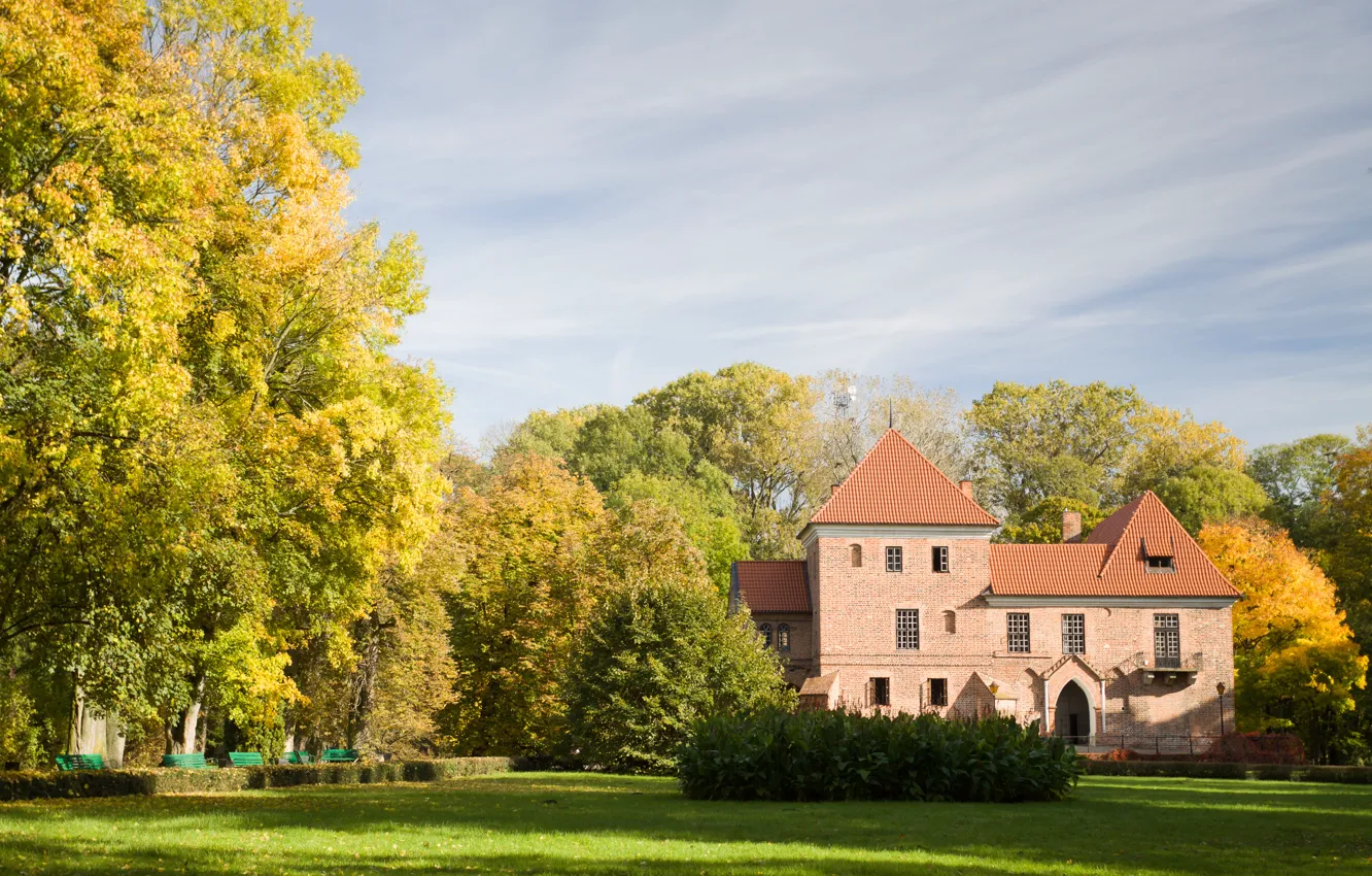 Photo wallpaper autumn, trees, nature, house, Park, castle, Poland, architecture