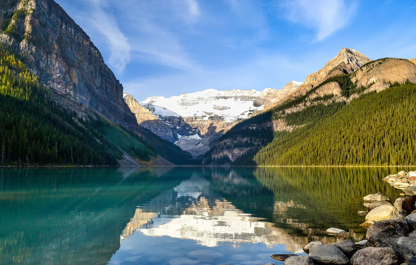 Photo wallpaper forest, the sky, the sun, clouds, trees, mountains, lake, stones