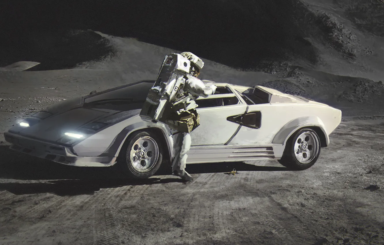 Photo wallpaper Lamborghini, Moon, Countach, Painting, Spaceman, Сanvas