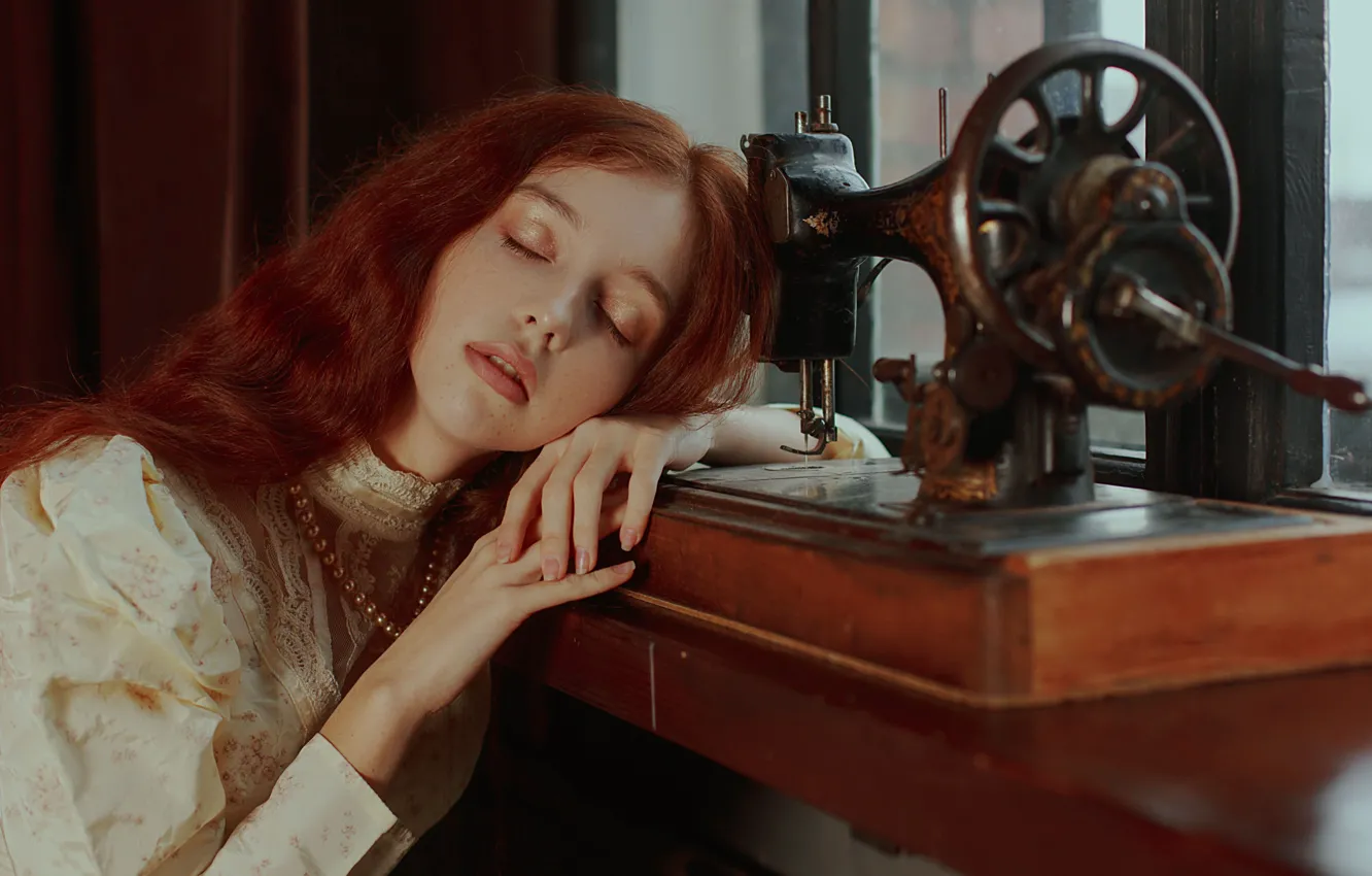 Photo wallpaper girl, face, hands, red, redhead, closed eyes, sleeping, sewing machine