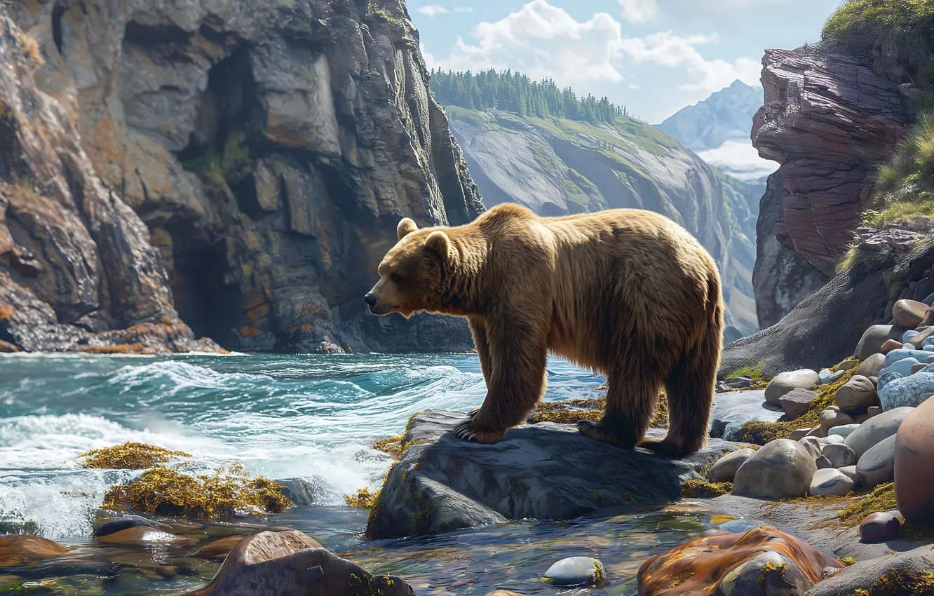 Photo wallpaper water, trees, mountains, stones, predator, bear, river, brown bear