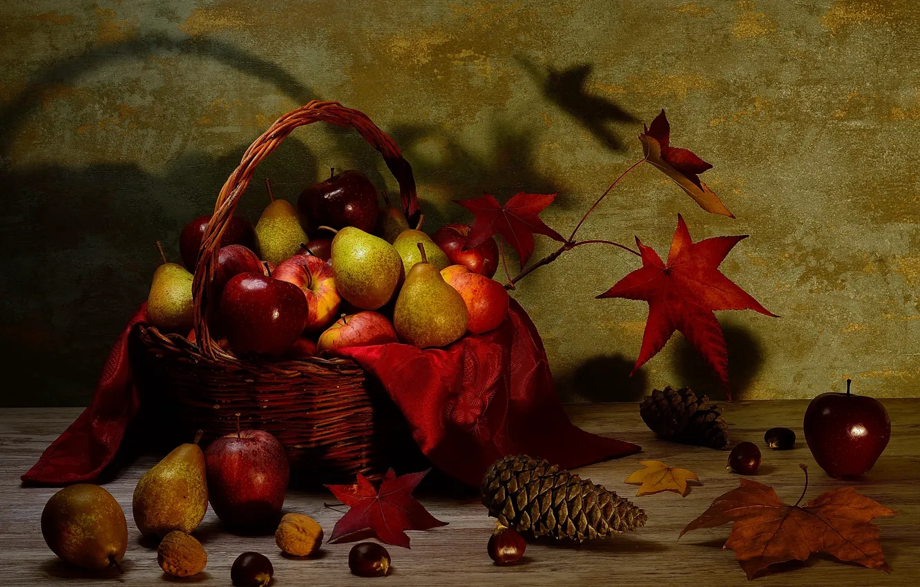 Photo wallpaper leaves, the dark background, table, apples, harvest, fabric, fruit, nuts