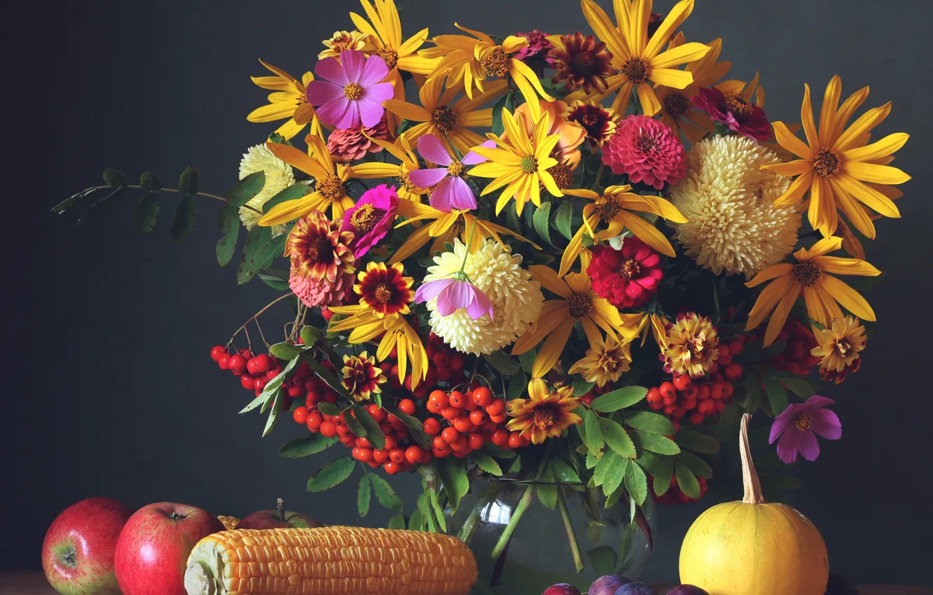 Photo wallpaper autumn, flowers, apples, bouquet, colorful, fruit, still life, flowers