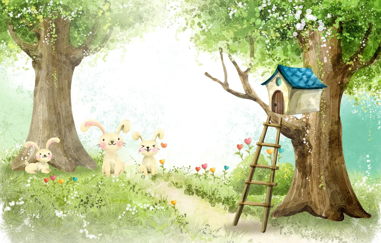 Photo wallpaper forest, figure, rabbits, house
