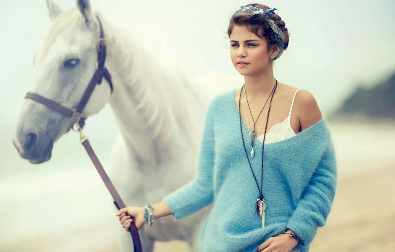 Photo wallpaper sea, beach, horse, jeans, actress, brunette, hairstyle, photographer