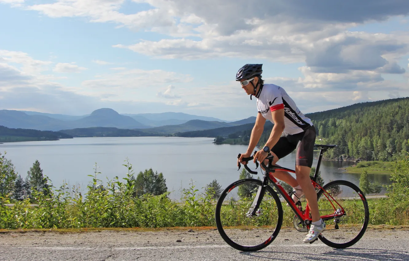 Photo wallpaper road, nature, lake, sport, cyclist, road bike, road Builder