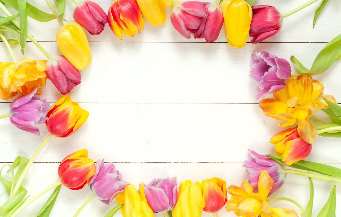 Photo wallpaper flowers, bouquet, spring, frame, colorful, tulips, fresh, wood