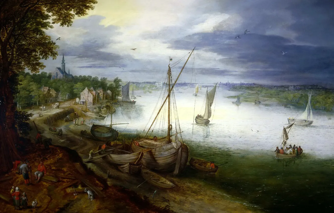Photo wallpaper landscape, river, boat, picture, Jan Brueghel the younger, View on the Scheldt near Antwerp