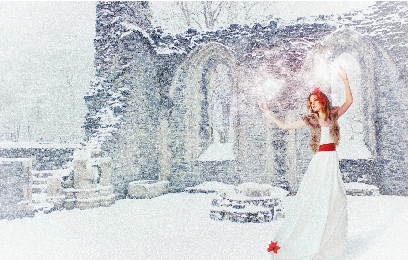Photo wallpaper winter, white, girl, snow, joy, red, mood, holiday