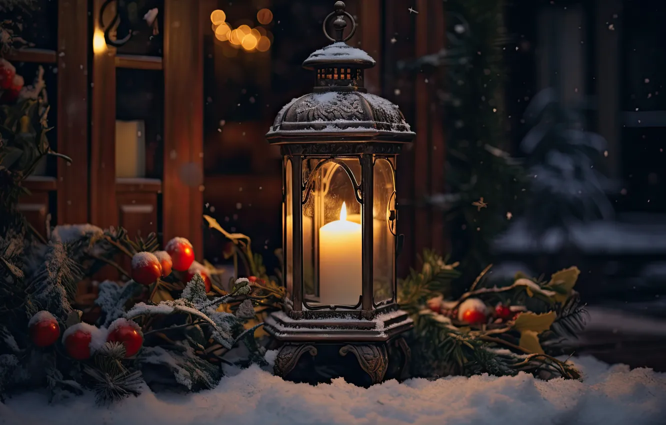 Photo wallpaper winter, snow, decoration, night, new year, Christmas, lights, light