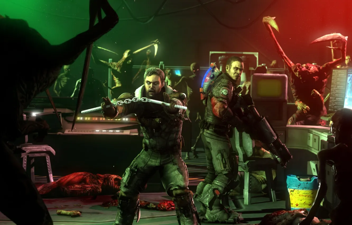 Photo wallpaper soldiers, costume, dead space, engineer, Isaac Clarke, John Carver, surrounded by, necromorph