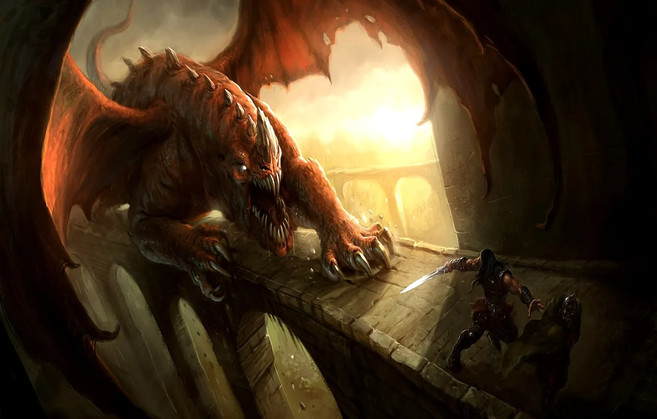 Photo wallpaper bridge, danger, people, wings, monster, sword, warrior, mouth