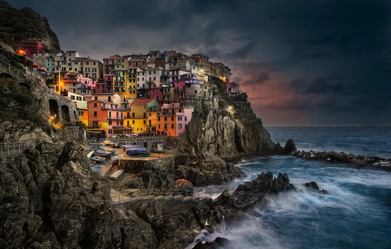 Photo wallpaper stars, night, the city, Italy, Italy, Manarola, The Liguria Region, The Province Of La Spezia